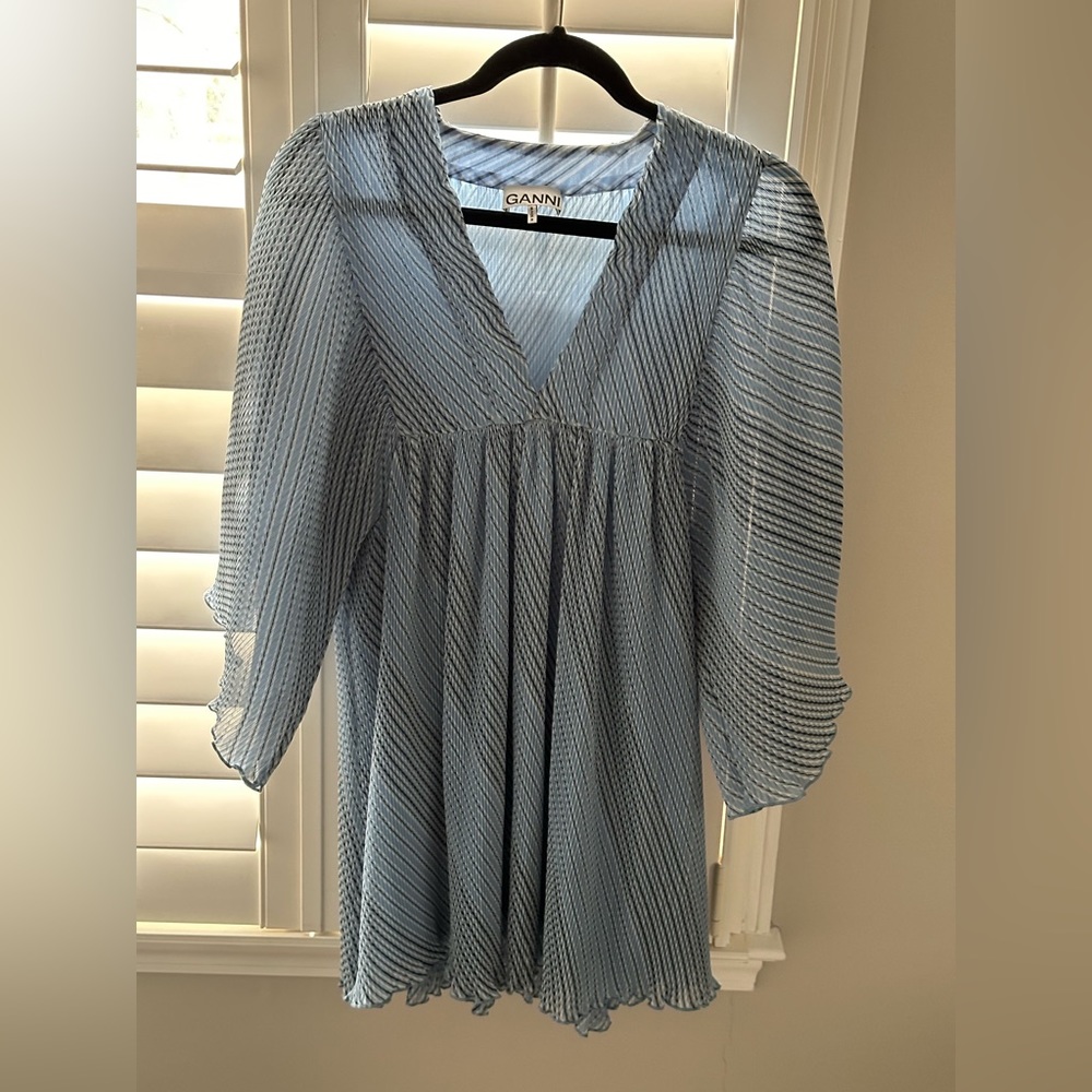 GANNI Pleated Georgette Tunic Top Blue